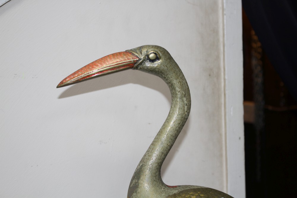 A Benares enamelled brass model of a wading bird, height 62cm